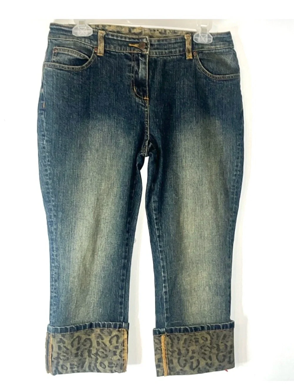 INC Capri Jeans Animal Print Cuffs Med Distressed Mid rise  Med Wash Sz 10P